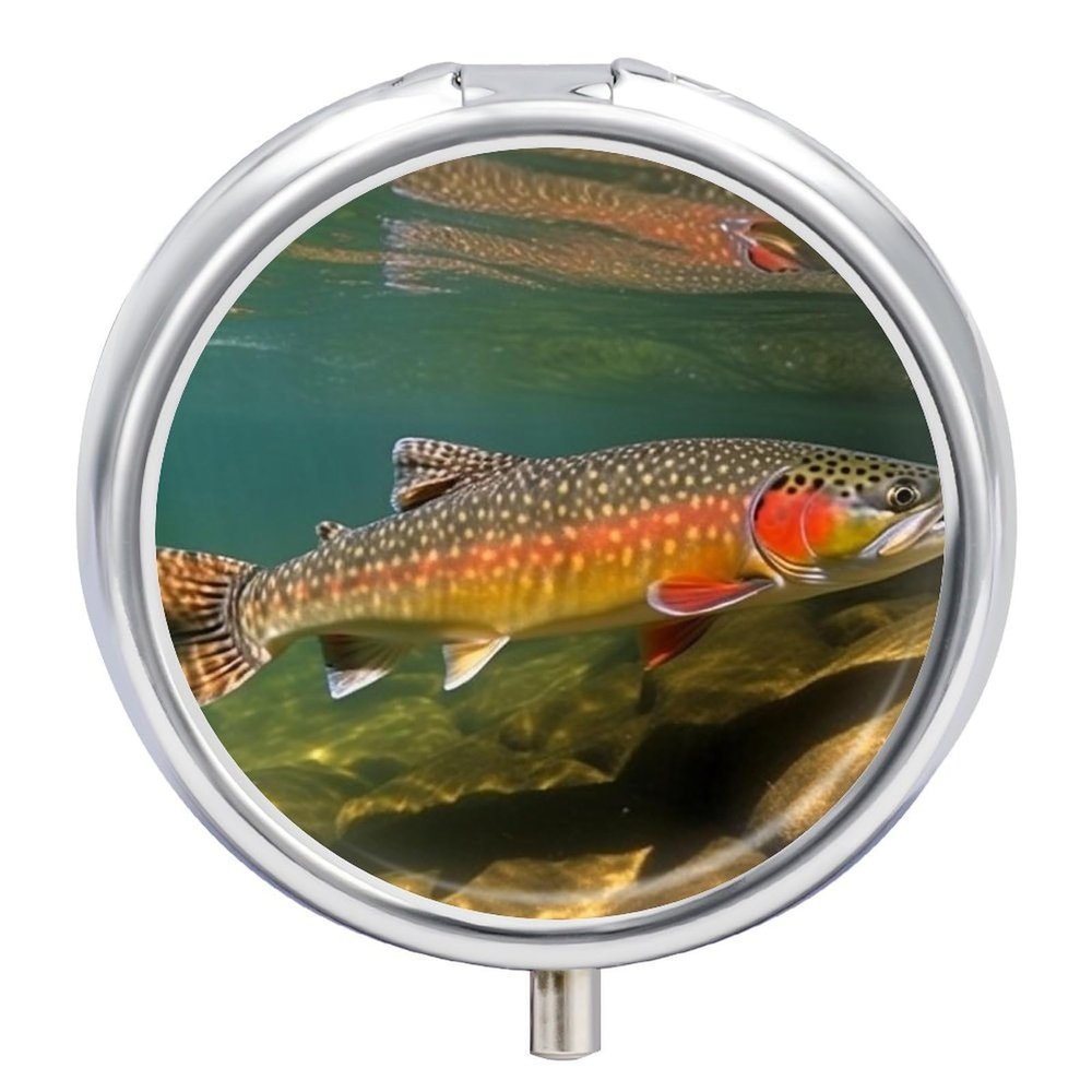 Brook Trout Fly Fishing Pill Box 3 Compartment Portable Pill Case for Pocket Purse Medicine Organizer Travel Medication Container Holder to Hold Vitamins, Medication, Fish Oil and Supplements
