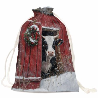 Ficuaiuo 10 Pcs Christmas Rustic Gift Bags with Drawstrings, 5x7in, Farmhouse Wreath Cow Red Wood Grain Design Wrapping Sacks Reusable Washable Cloth Bags for Christmas, Birthday, Wedding, Party