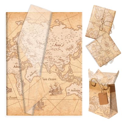 100sheets Vintage World Map Tissue Paper Kraft Map Pattern Gift Wrapping Paper DIY Art Crafts Tissue for Birthday Party Travel Theme School Students Gifts Wrap Favor Supplies