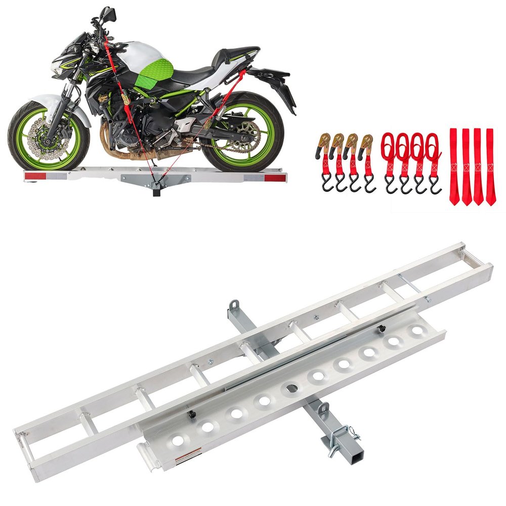 Aluminum Motorcycle Hitch Carrier with Loading Ramp, 400 lbs Dirt Bike Hitch Mount Rack, Lightweight & Rust-Resistant Aluminum Hauler with Anti-Rattle Stabilizer Fits 2" Receiver for SUVs & Trucks