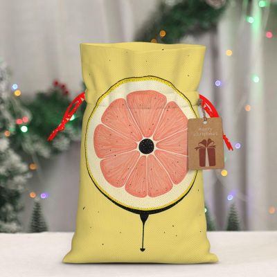 HETPLKD Grapefruit Christmas Gift Bag Burlap Xmas Drawstring Gift Sack with Tag & Tie, Medium Christmas Bags for Gifts, Reusable Gift Wrapping Bag for Holiday Party Favors