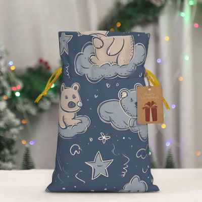 FHECVBN Teddy Bear Christmas Gift Bag Burlap Xmas Drawstring Gift Sack with Tag & Tie, Small Christmas Bags for Gifts, Reusable Gift Wrapping Bag for Holiday Party Favors