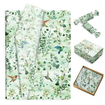 100 Sheets Eucalyptus Leaf Hummingbird Tissue Paper Greenery Leaves Watercolor Bird Patterns Gift Wrap Paper, Handmade Art for Wedding Birthday Baby Shower Party Decor DIY Crafts, 13.8 x 19.7 inches