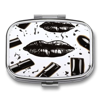Cool Black Lipstick Lips Pill Case,2 Compartment Small Pill Box Metal Portable Medicine Box Mini Medication Organizer Storage Travel Organizer for Pocket Purse