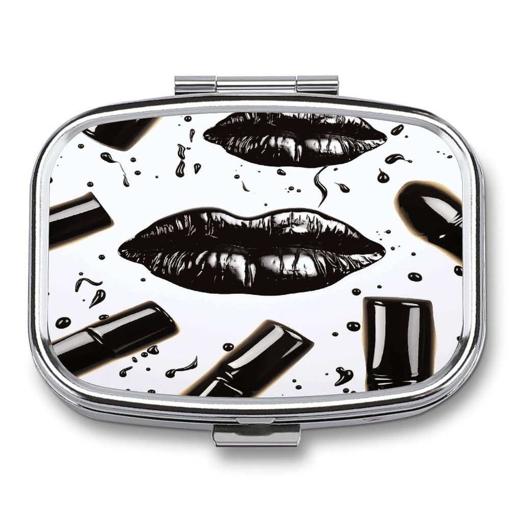 Cool Black Lipstick Lips Pill Case,2 Compartment Small Pill Box Metal Portable Medicine Box Mini Medication Organizer Storage Travel Organizer for Pocket Purse