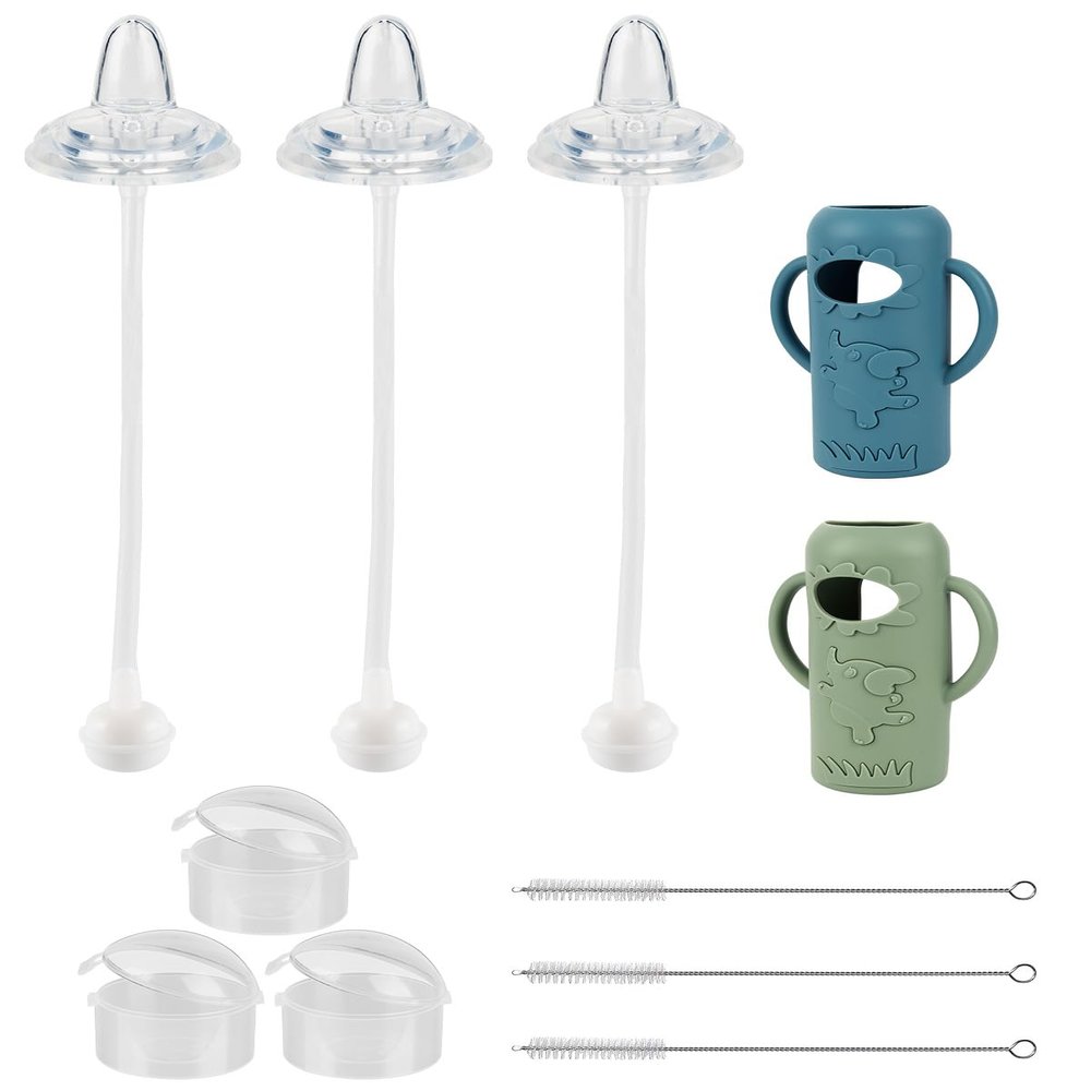 Dr. Brown's Sippy Straw Cup Conversion Kit with Silicone Sleeves for Narrow Glass Baby Bottle 8oz, Weighted Straw Replacement Kit with Soft Sippy Spout and Handle, 6m+, Set of 3