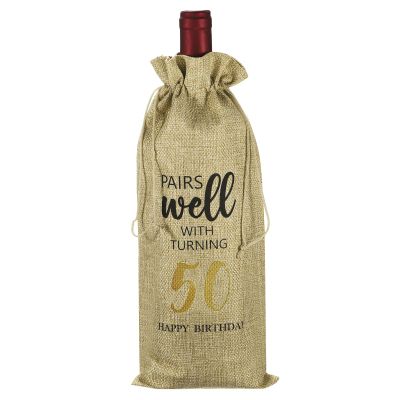 PATIKIL 6 x 14 Inch 50th Birthday Gift Wine Bottle Bag, 1 Pack Reusable Decorations Wine Bag with Drawstring for Friends Shower Favors Party, Beige