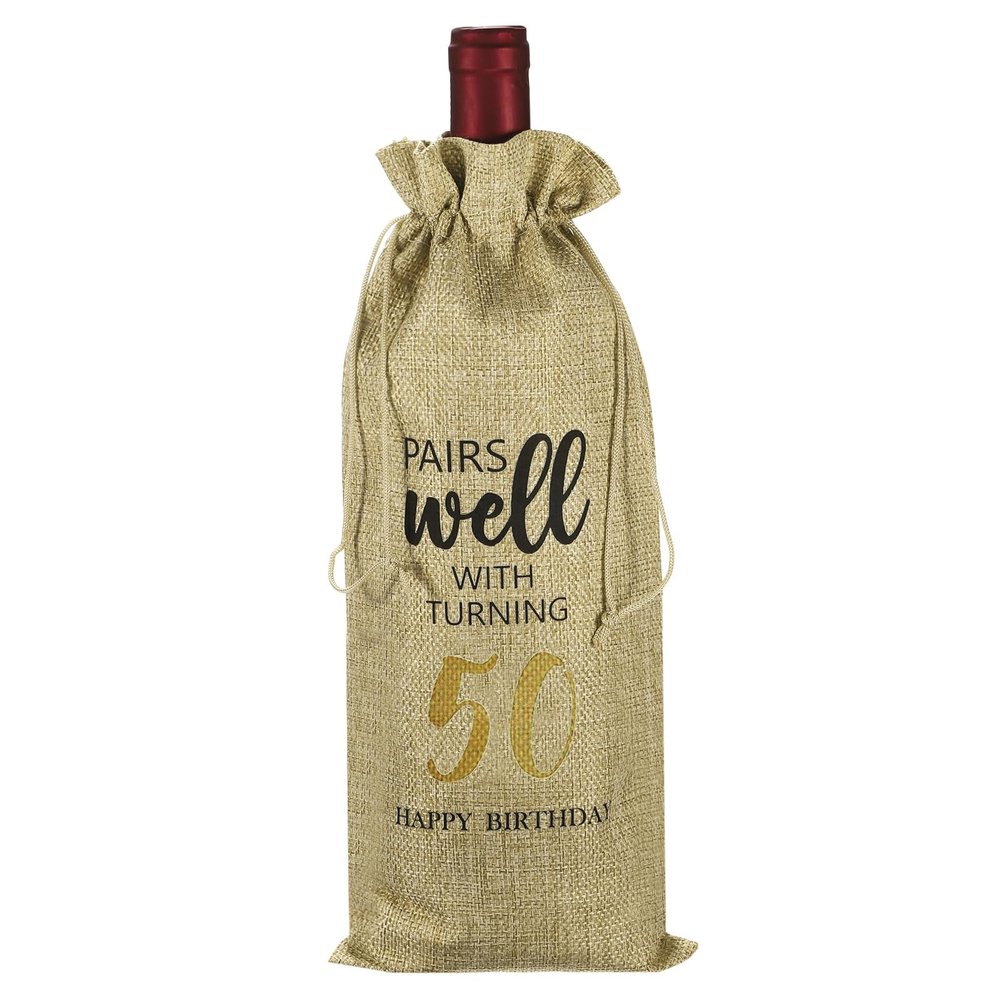 PATIKIL 6 x 14 Inch 50th Birthday Gift Wine Bottle Bag, 1 Pack Reusable Decorations Wine Bag with Drawstring for Friends Shower Favors Party, Beige