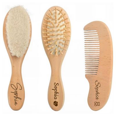 3pcs Personalized Wooden Baby Hair Brush and Comb Sets for Newborn, Custom Soft Baby Comb and Brush Set with Carving Name/Text,Custom Babies Gifts Girls, Thoughtful Gifts for Boy/Girl Shower