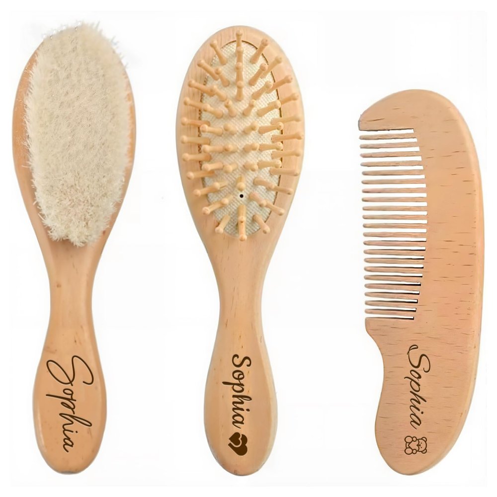 3pcs Personalized Wooden Baby Hair Brush and Comb Sets for Newborn, Custom Soft Baby Comb and Brush Set with Carving Name/Text,Custom Babies Gifts Girls, Thoughtful Gifts for Boy/Girl Shower