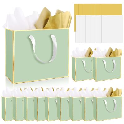 Epoesch 12 Pack Elegant Sage Green Gift Bags with Handles & 24 Tissue Paper