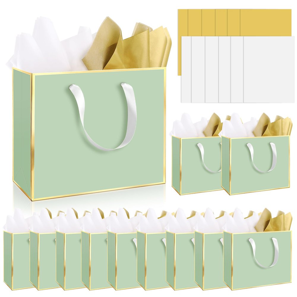 Epoesch 12 Pack Elegant Sage Green Gift Bags with Handles & 24 Tissue Paper