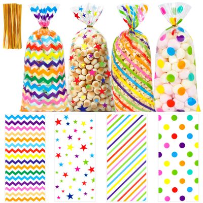 100 PCS Easter Rainbow Cellophane Treat Bags - 5x11 Inch Colorful Stripes & Polka Dots Candy Bags with 110 Gold Twist Ties, Rainbow Plastic Goodie Bag for Easter Party, Spring Birthday, Wedding Favors