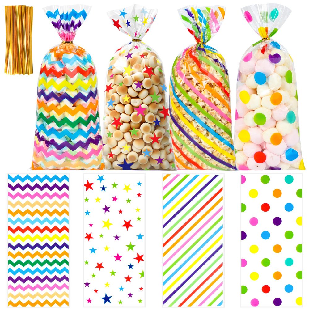 100 PCS Easter Rainbow Cellophane Treat Bags - 5x11 Inch Colorful Stripes & Polka Dots Candy Bags with 110 Gold Twist Ties, Rainbow Plastic Goodie Bag for Easter Party, Spring Birthday, Wedding Favors