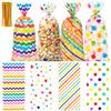 100 PCS Easter Rainbow Cellophane Treat Bags - 5x11 Inch Colorful Stripes & Polka Dots Candy Bags with 110 Gold Twist Ties, Rainbow Plastic Goodie Bag for Easter Party, Spring Birthday, Wedding Favors view 1