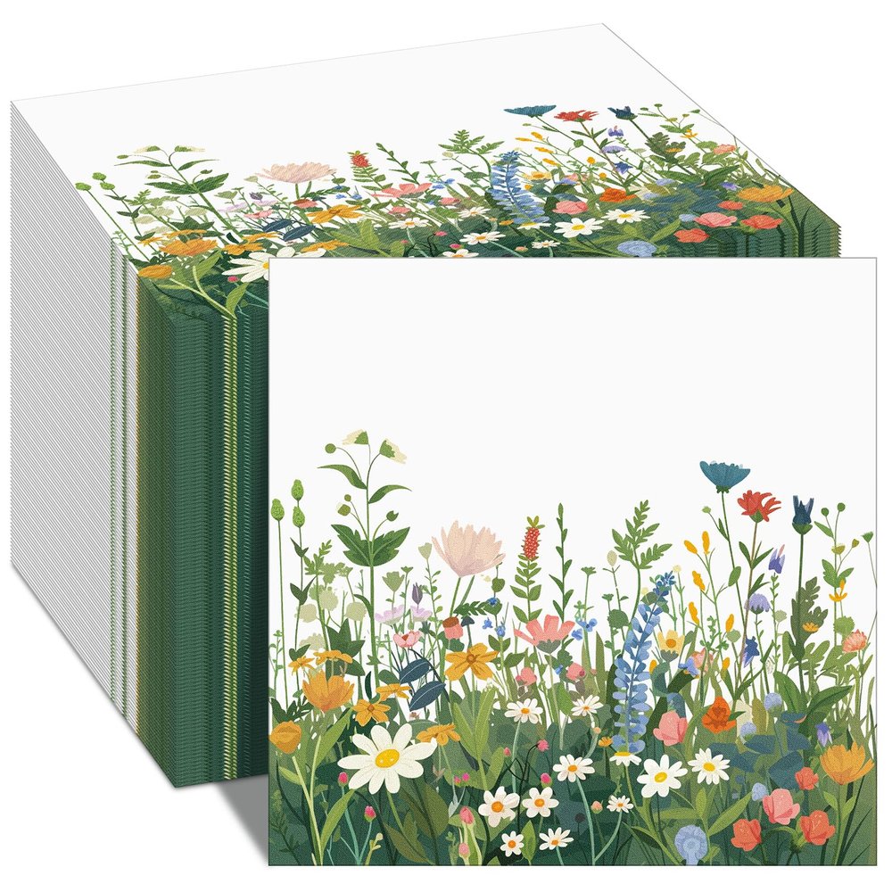 Yungyan 100 Pcs Wildflower Napkins Spring Floral Paper Napkins 6.5 x 6.5 Inches Disposable Flower Cocktail Paper for Wildflowers Baby Shower Wedding Birthday Picnic Camping Party Supplies