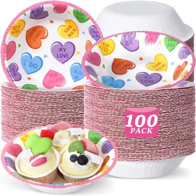 100 Pcs 16 oz Valentine's Day Paper Bowls Party Supplies Disposable Valentines Candy Conversation Heart Dessert Snack Bowl Dialogue Love Heart Decorations Favors for Wedding Soup Hot Cold Salad Cereal