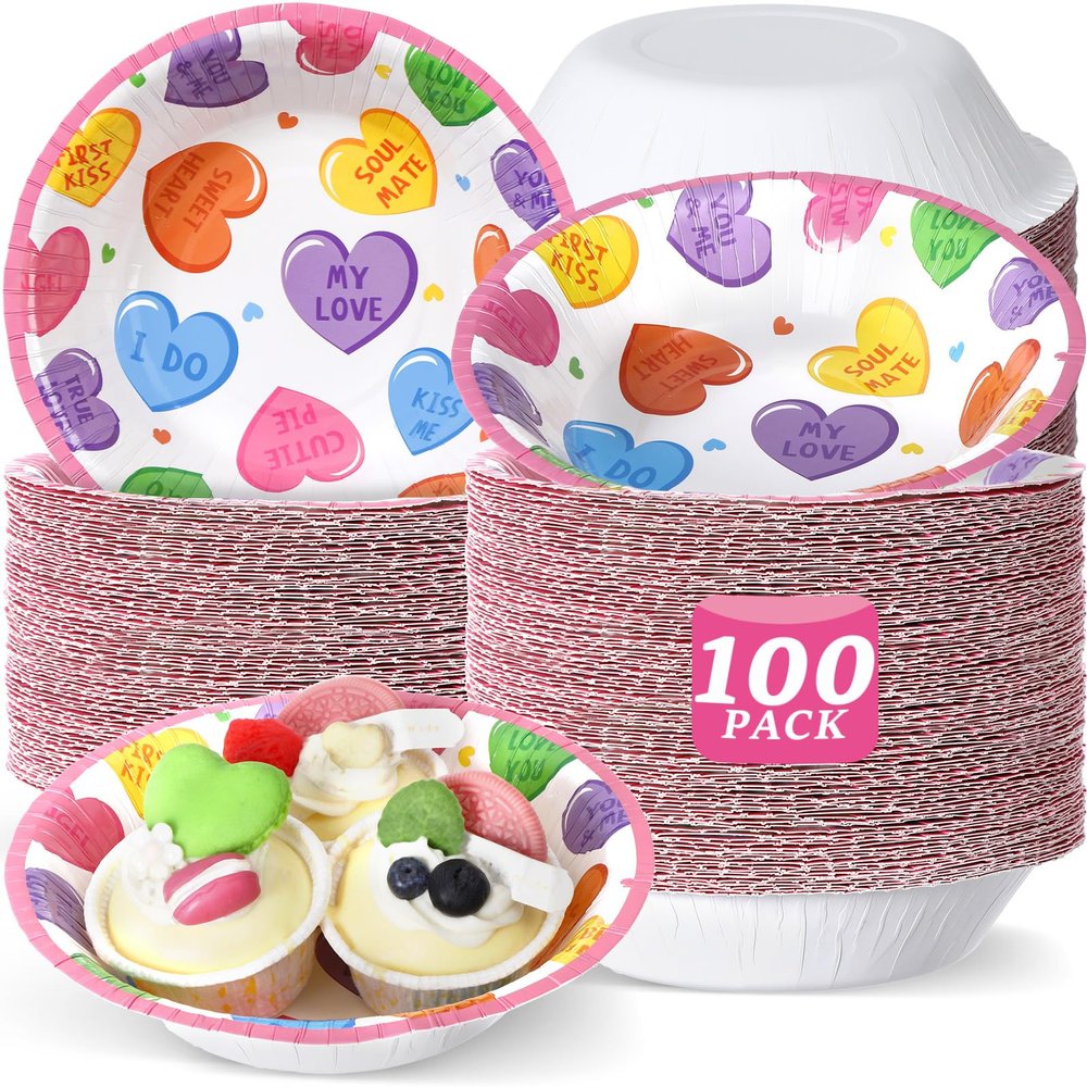 100 Pcs 16 oz Valentine's Day Paper Bowls Party Supplies Disposable Valentines Candy Conversation Heart Dessert Snack Bowl Dialogue Love Heart Decorations Favors for Wedding Soup Hot Cold Salad Cereal