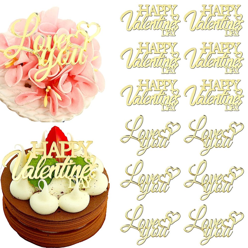 12 Pieces Mini Size Happy Valentine's Day Gold Mirror Acrylic Cupcake Toppers, Love You Cake Decorations, 2.55 x 1.37 Inch Party Supplies