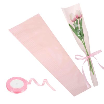 MECCANIXITY 50 Pcs Single Rose Flower Sleeves Bulk 17.7x4.7x1.6 Inch Floral Wrapping Paper Bags with Ribbons for Mother's Day Wedding Birthday Bouquet Graduation Gifts (Dark Pink/Pink)