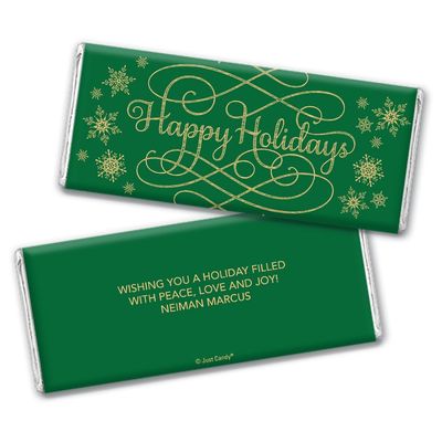 100 Pack Personalized Happy Holidays Chocolate Bar Wrappers For DIY Holiday Party Favors, Stocking Stuffers, Festive Giveaways, Christmas Gifting & More (Candy Not Included) - Snowflake Ribbon - Green