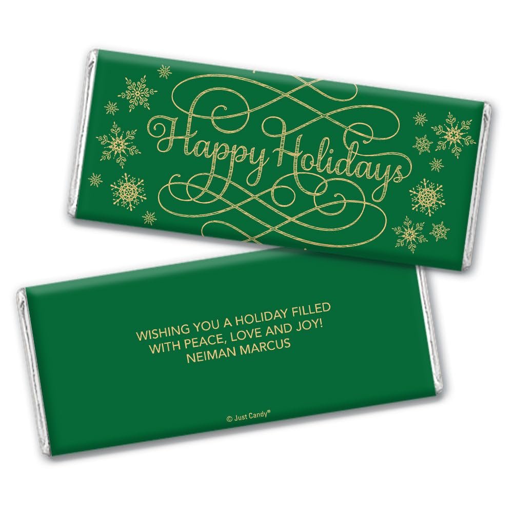 100 Pack Personalized Happy Holidays Chocolate Bar Wrappers For DIY Holiday Party Favors, Stocking Stuffers, Festive Giveaways, Christmas Gifting & More (Candy Not Included) - Snowflake Ribbon - Green
