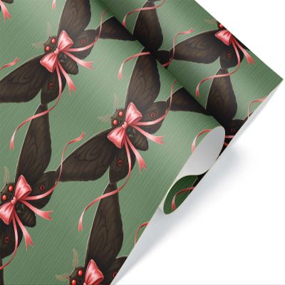 Beautiful Spooky Mothman Christmas Wrapping Paper, Gothic Cryptid Creature Gift Wrap, Artistic Moth Victorian Horror Decor (Green, 6 foot x 29 inch roll)
