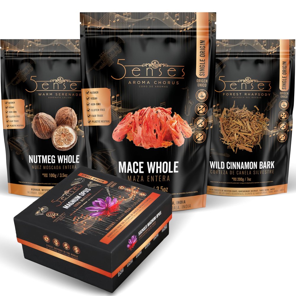 5Senses Sweet Lullaby Nutmeg (Warm Serenade) + Wild Cinnamon Bark (Forest Rhapsody) + Mace (Aroma Chorus) + Kashmir Mongra Saffron (Magnum Opus)