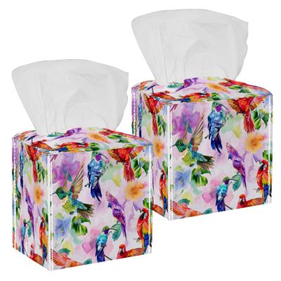 2PCS Square Tissue Box Cover, Watercolor Parrots Bird Pattern Leather Tissue Case Facial Paper Organizer Dispenser for Vanity Dresser Night Stand Table Countertop Office Car