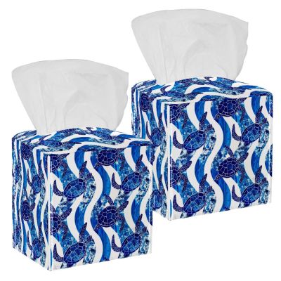 2PCS Square Tissue Box Cover, Blue Turtles Wave Stripe Pattern Leather Tissue Case Facial Paper Organizer Dispenser for Vanity Dresser Night Stand Table Countertop Office Car
