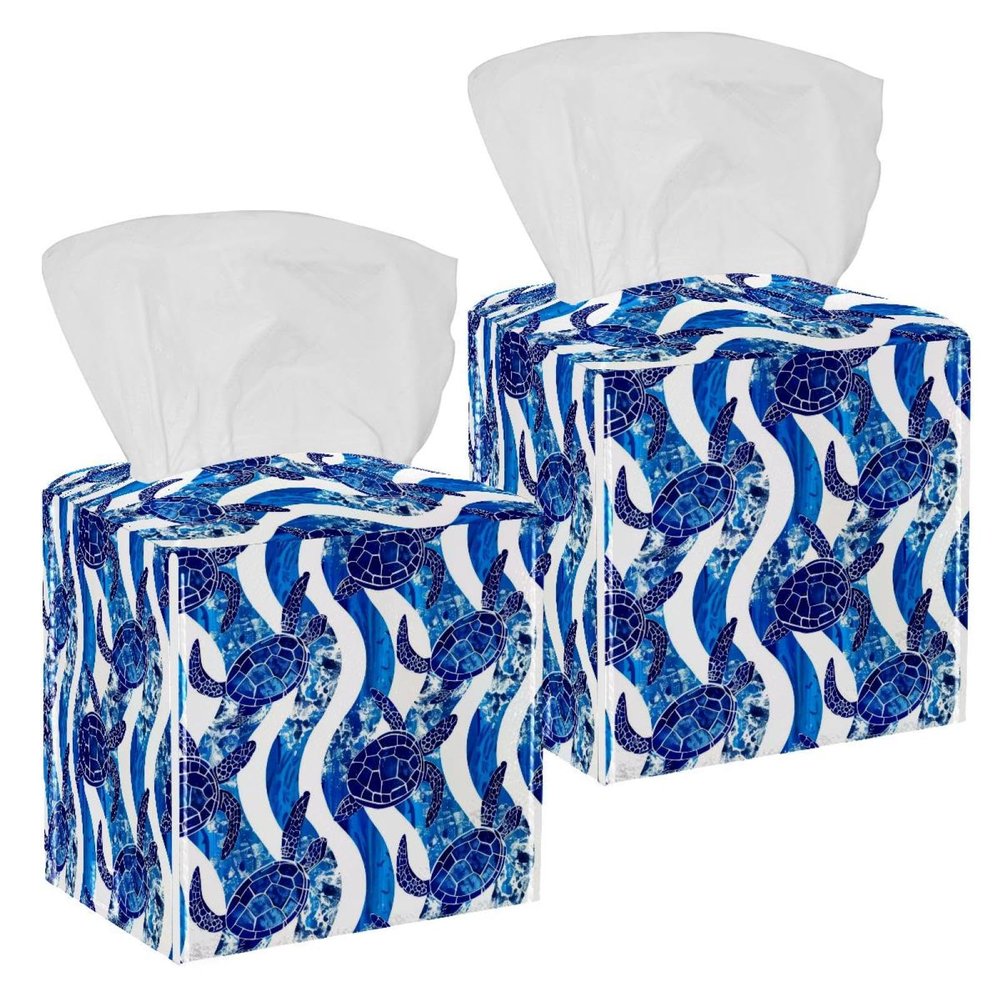 2PCS Square Tissue Box Cover, Blue Turtles Wave Stripe Pattern Leather Tissue Case Facial Paper Organizer Dispenser for Vanity Dresser Night Stand Table Countertop Office Car