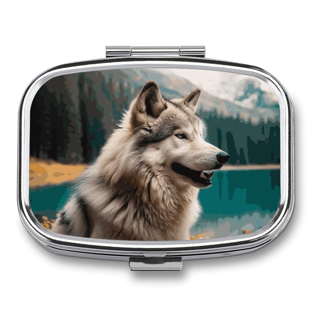 Fun Animal Wolf Pill Organizer Container for Travel, Metal 2 Compartment Square Pill Box, Portable Mini Medicine Box Pill Storage Case for Purse Pocket, Supplement Storage