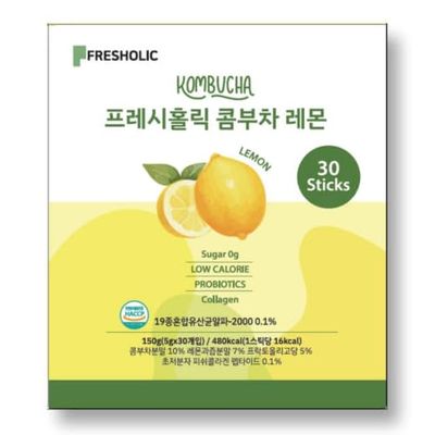 FRESHOLIC Kombucha Drink Sticks Lemon/Peach/Shine Muscat Probiotic Tea Beverage, Digestive Support, Immune Boost, Convenient Stick Pack (15 or 30 Count) (30 Pack, Lemon)
