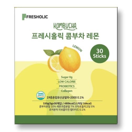 FRESHOLIC Kombucha Drink Sticks Lemon/Peach/Shine Muscat Probiotic Tea Beverage, Digestive Support, Immune Boost, Convenient Stick Pack (15 or 30 Count) (30 Pack, Lemon)