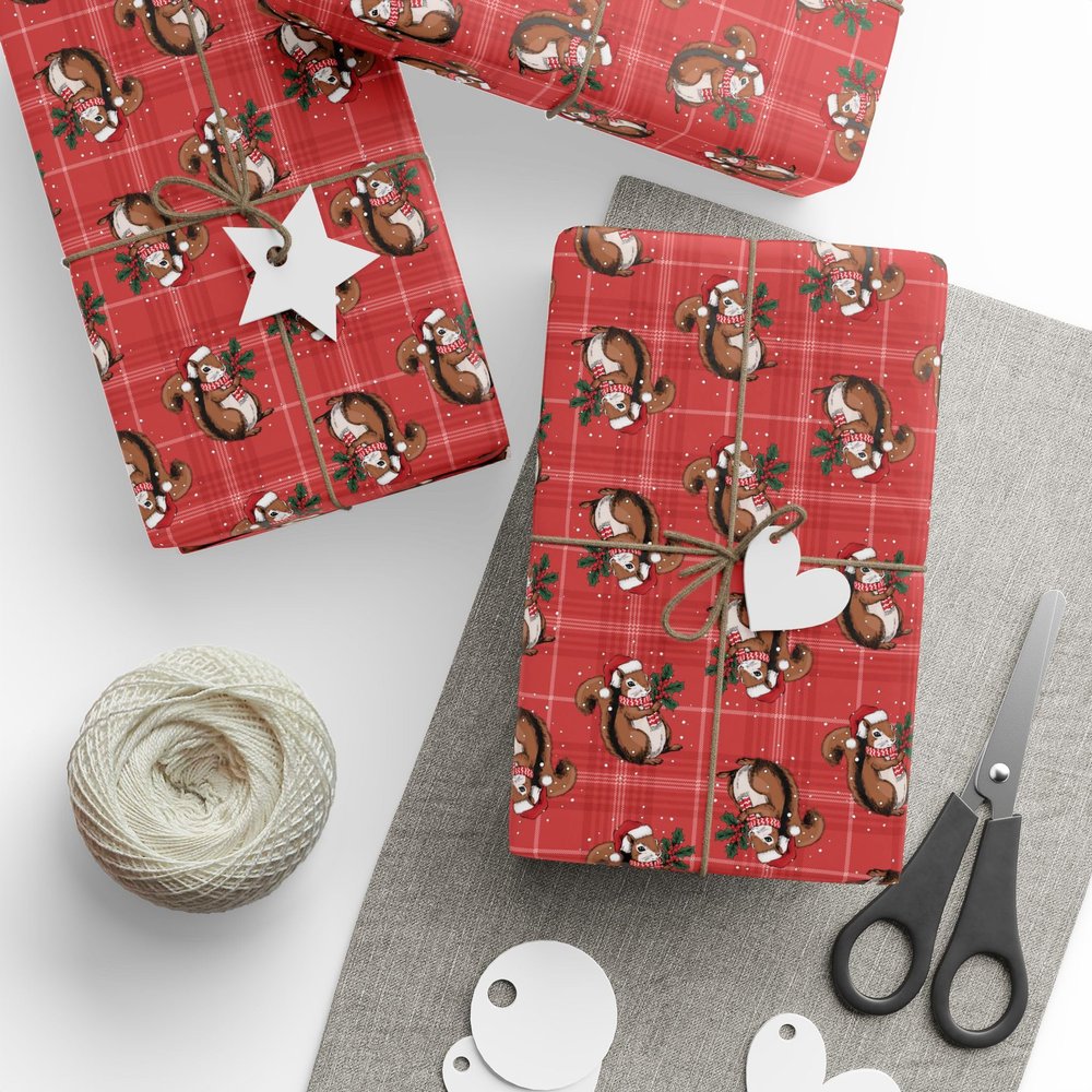 Meandering Annie Christmas Squirrel Wrapping Paper, Red Plaid Glossy Holiday Gift Wrap Roll, Xmas Squirrels Gifts Supplies 30"x180"
