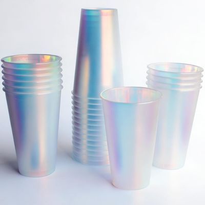 25 Pcs Iridescent Hard Plastic Cups 16oz Cute Fancy Thick Neon Glitter Holographic Rainbow Disposable Drinking Cup for Bachelorette Birthday Wedding Party Drinkware Supplies (Frosted No Stickers)