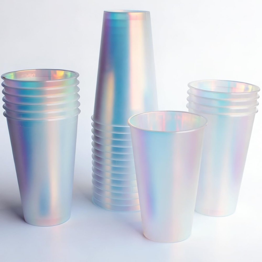 25 Pcs Iridescent Hard Plastic Cups 16oz Cute Fancy Thick Neon Glitter Holographic Rainbow Disposable Drinking Cup for Bachelorette Birthday Wedding Party Drinkware Supplies (Frosted No Stickers)