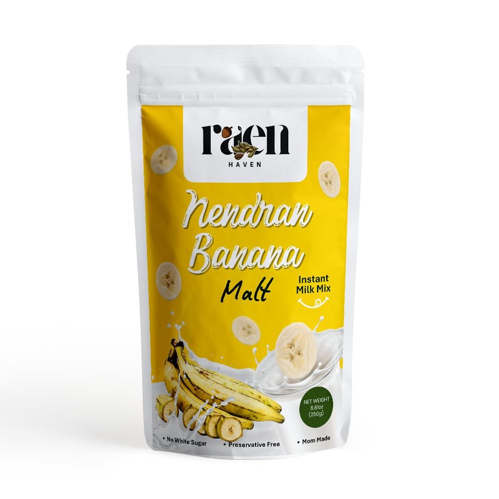 Raen Haven Nendran Banana Malt Instant Milk Mix | Authentic Kerala Nendran Banana Powder | Natural & Nutritious Drink Mix for Kids & Adults | 250g (8.81oz)