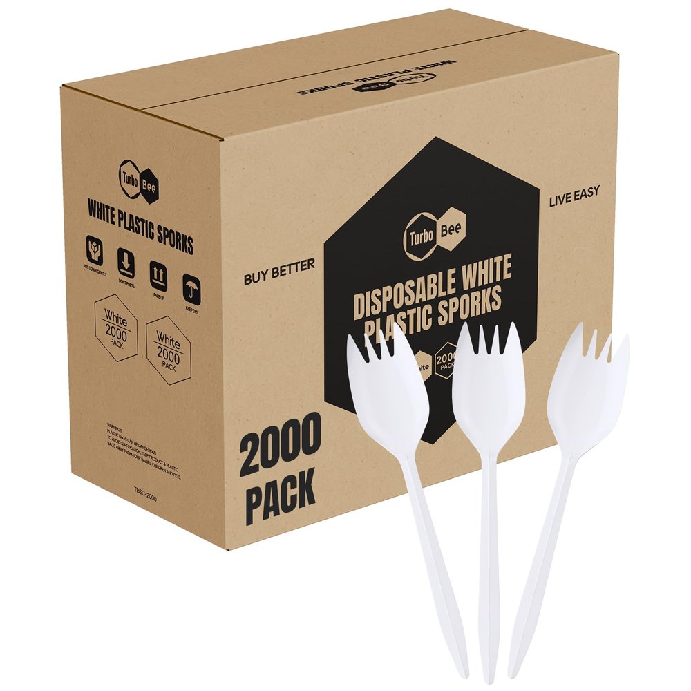 Disposable Plastic Sporks Bulk 2000 Pack, White Spork Utensils for Restaurant Supply, Takeout, Food Truck, Camping, Catering & Party