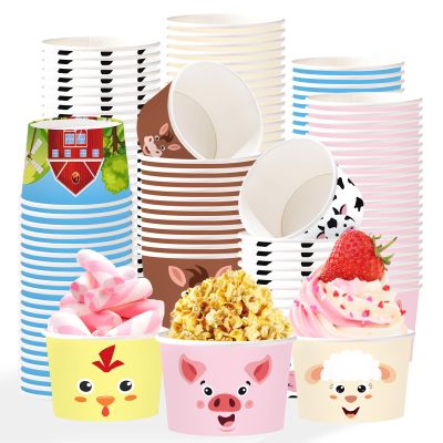 120Pcs Farm Animals Ice Cream Cups 12 oz Disposable Farmhouse Barnyard Paper Dessert Snack Cups Colorful Farm Decorations for Kids Baby Shower Pig Sheep Chicken Horse Cow Theme Birthday Party Supplie