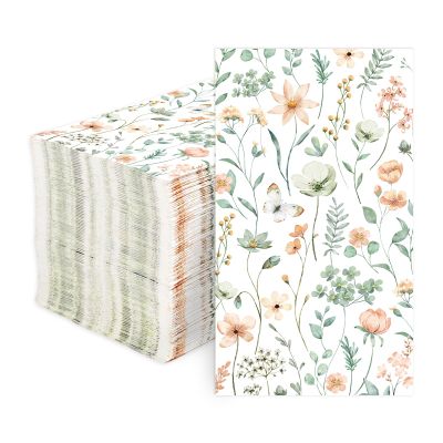 100 Pcs Spring Floral Paper Napkins 3 Ply Eucalyptus Leaf Butterfly Disposable Absorbent Hand Towel Greenery Flowers Decorative Dinner Guest Napkin for Birthday Wedding Bridal Shower Bathroom Supplies