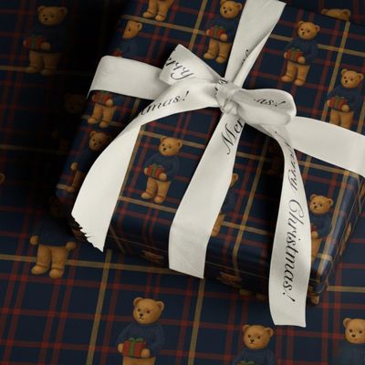 Tartan Teddy Bear Christmas Gift Wrap, Luxury Red & Navy Elegant Preppy Holiday Gift Wrapping Paper