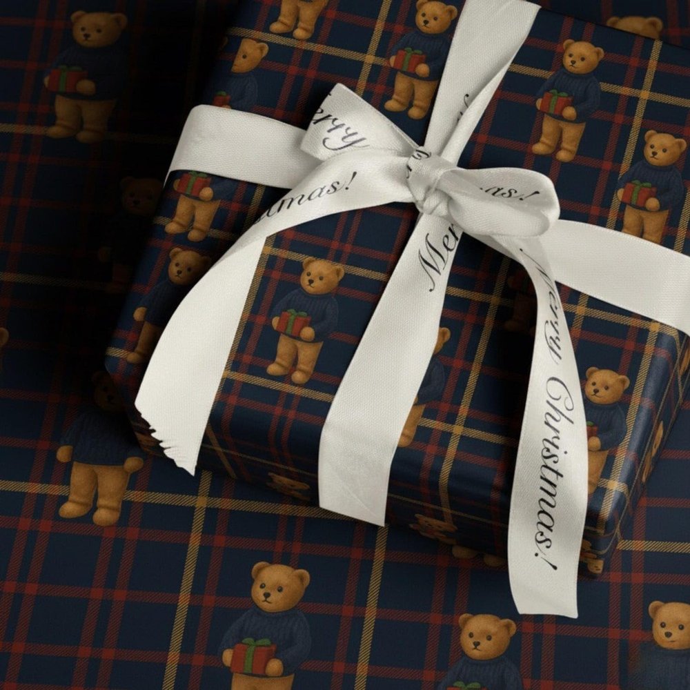 Tartan Teddy Bear Christmas Gift Wrap, Luxury Red & Navy Elegant Preppy Holiday Gift Wrapping Paper