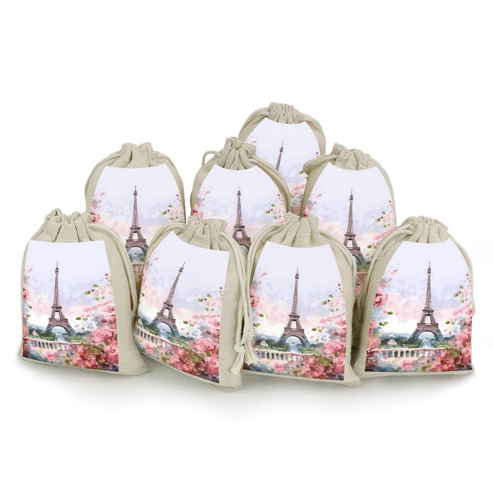 FekiLoot Paris Eiffel Tower with Flowers Drawstring Bags Gift Bags Wrapping Storage Bags for Candy Goodie Holiday Party Favors 8PCS