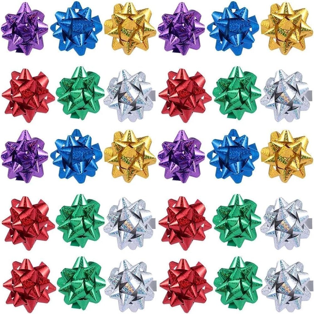 50 Pcs Colorful 1 Inch Gift Bows Christmas Bows Metallic Star Bows Party Gifts Wrapping Bows Adhesive Holiday Presents Bows for Valentine's Day, Gift Wrapping Supplies, Gift Wrap Bows