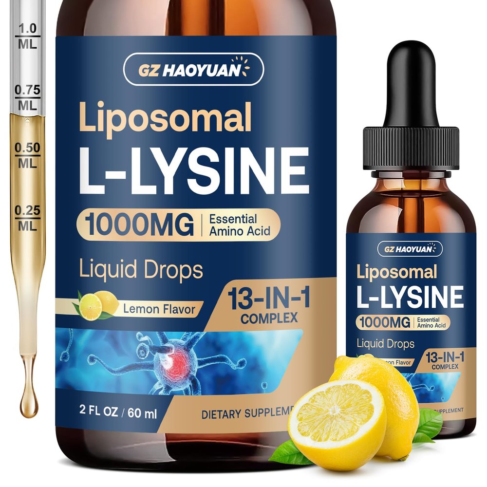 Liposomal L-lysine 1000MG Liquid Drops, 13-in-1 Lysine Supplements Monolaurin, Olive Leaf Extract with Vitamin C, B6, D3, B12 & Zinc for Collagen, Lip, skin & Immune Support for Kids & Adults, 2oz