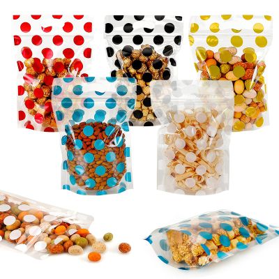 100 Pack Clear Cookie Cellophane Treat Bags, Self Sealing Red Dot Candy Cookie Bags with Seal and Handle, Resealable Food Packaging Bags for Bakery Candy Chocolate Gift Giving 6.1 x 8.8in (Blue)