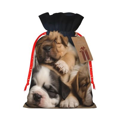 KTHSNSKL Christmas Gift Bags Drawstring Santa Bag Buffalo Christmas Burlap Bags with Gift Tags Goody Present Pouch Sleepy Dogs Wrapping Sacks for Xmas Presents Party Favor Wrap Sack