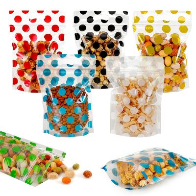 100 Pack Clear Cookie Cellophane Treat Bags, Self Sealing Gold Dot Candy Cookie Bags with Seal and Handle, Resealable Food Packaging Bags for Bakery Candy Chocolate Gift Giving 6.1 x 8.8in (Gold)