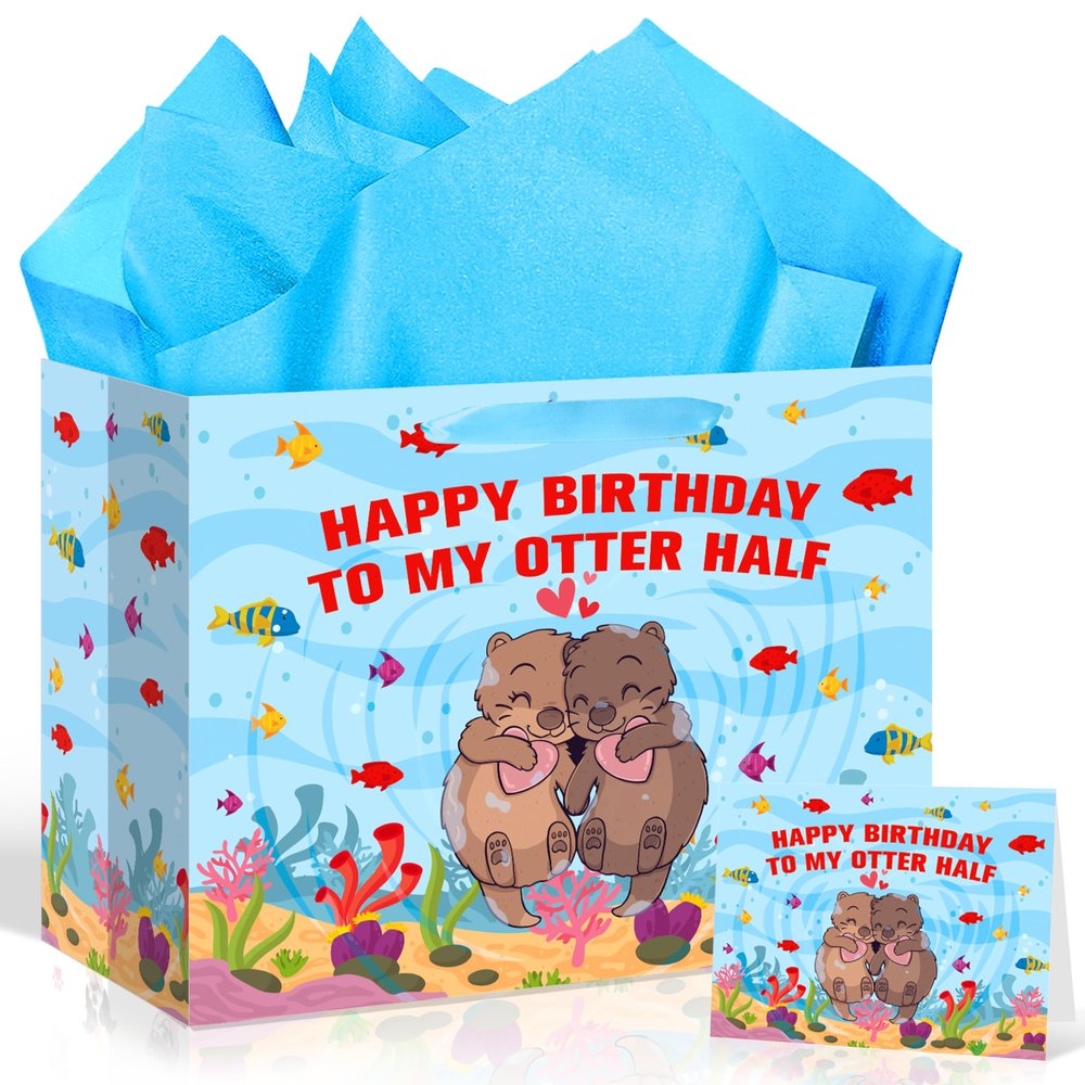 Wauprant Cute Otter Birthday Gift Bag Couple Otter Birthday Bag with Tissue Paper Greeting Card My Otter Half Theme Bday Party Decorations Supplies for Under the Sea Animal Lover